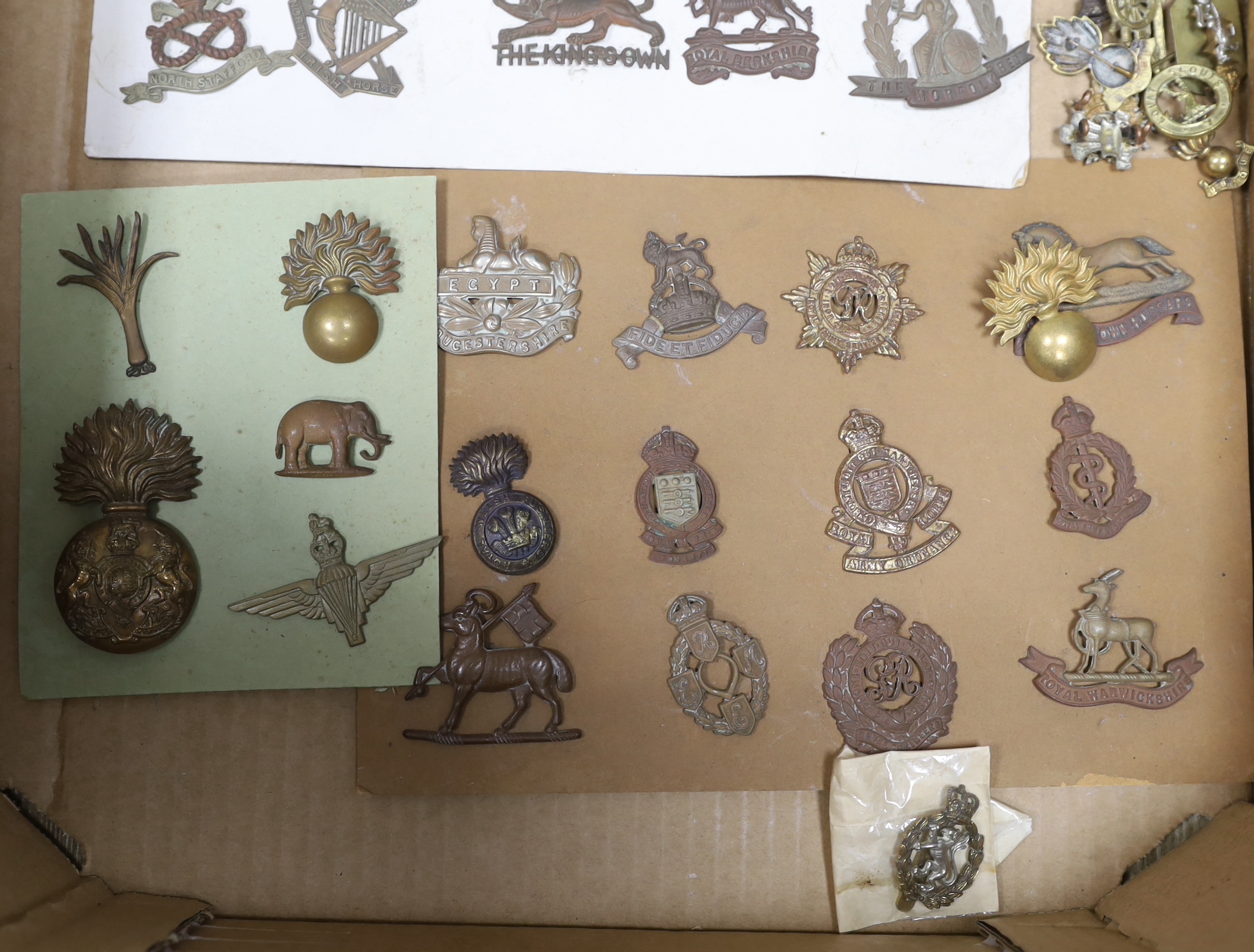 A collection of military cap badges, including Royal Sussex Reg, Royal Warwickshire, King’s Own Hussars, Leicestershire, Royal Welsh Fusiliers, etc. (65)